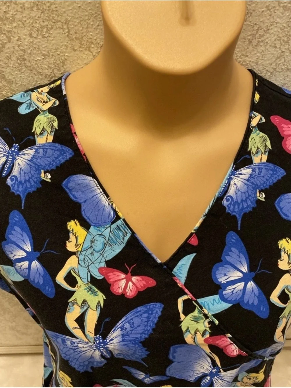 Disney Black V-Neck Short Sleeve Scrub Top with Blue & Pink Butterfly Print
